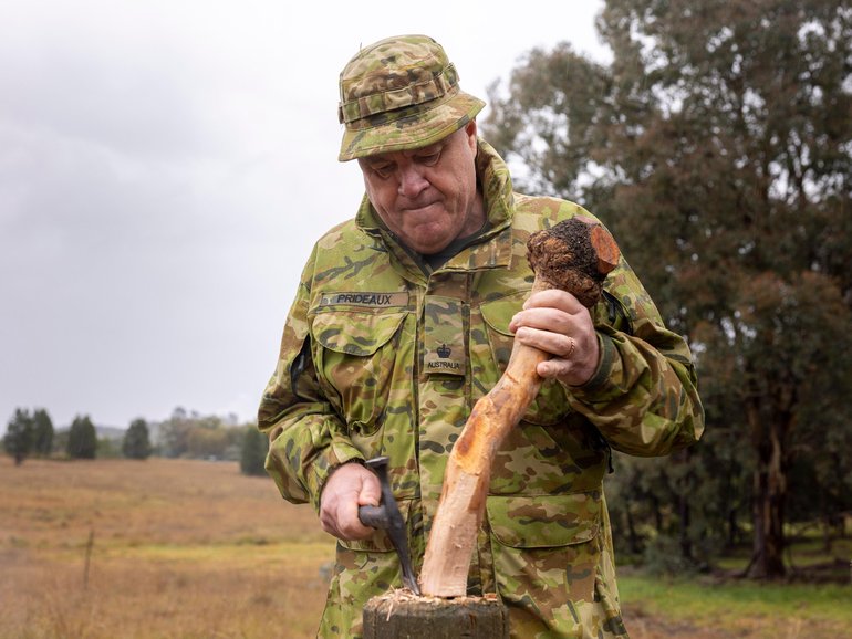 Major Mark Prideaux from Army Headquarters prepares a Boondi during Exercise Greenskin in Canberra.