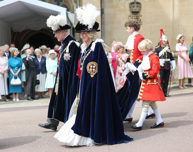 King Charles III and Queen Camilla smiles as they attend the 2026 Order Of The Garter Service at Windsor Castle on June 15, 2026 in Windsor, England.