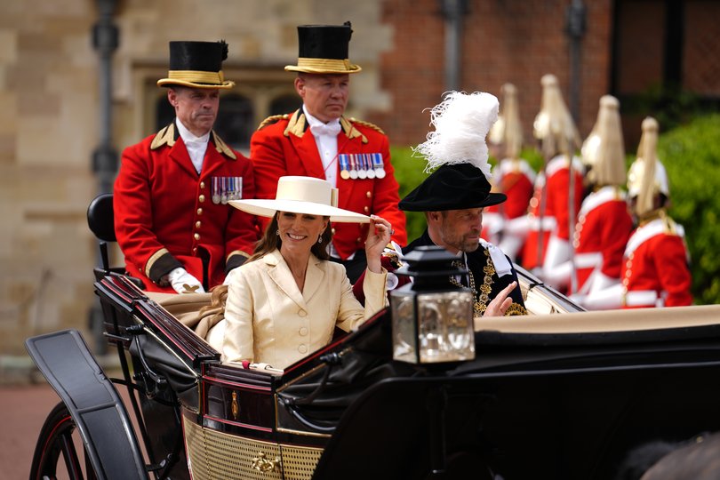Prince William, Prince of Wales (R) and Catherine, Princess of Wales after attending the annual Order of the Garter Service.