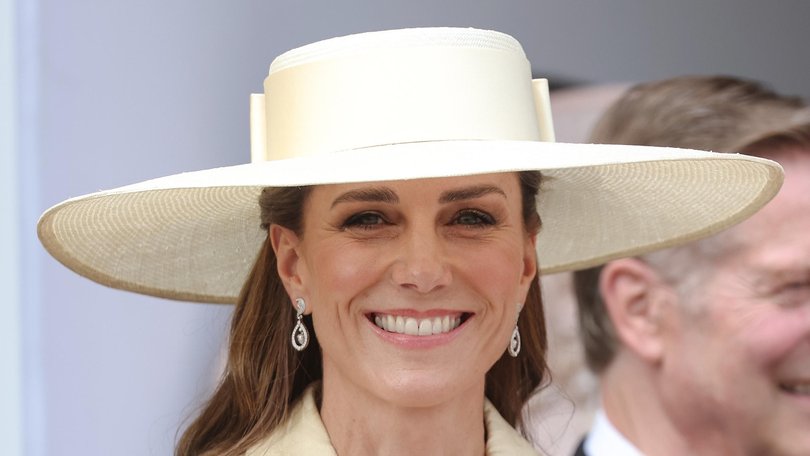 Catherine, Princess of Wales smiles and waves as she attends the 2026 Order Of The Garter Service at Windsor Castle on June 15, 2026 in Windsor, England.