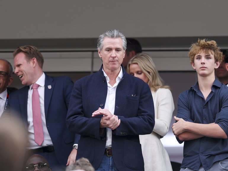  Gavin Newsom attends the FIFA World Cup 2026 Group D match between USA and Paraguay at Los Angeles Stadium.