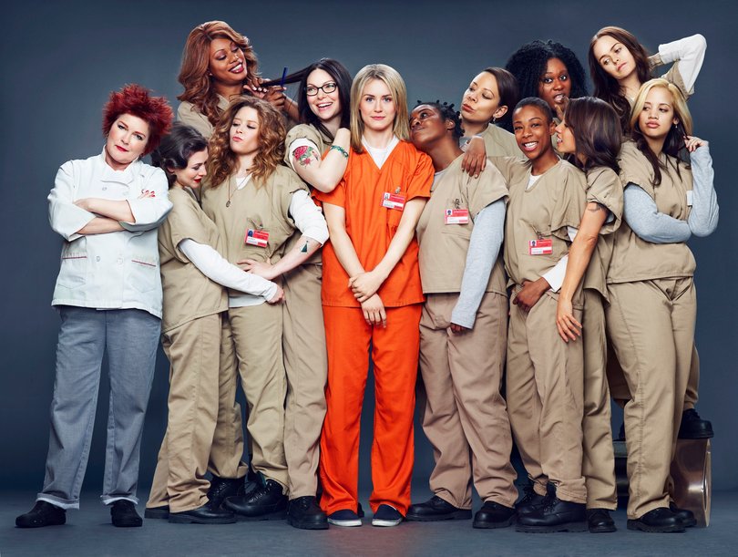 The cast of Orange Is The New Black, including Laverne Cox as Sophie Burset, back row, third from left.