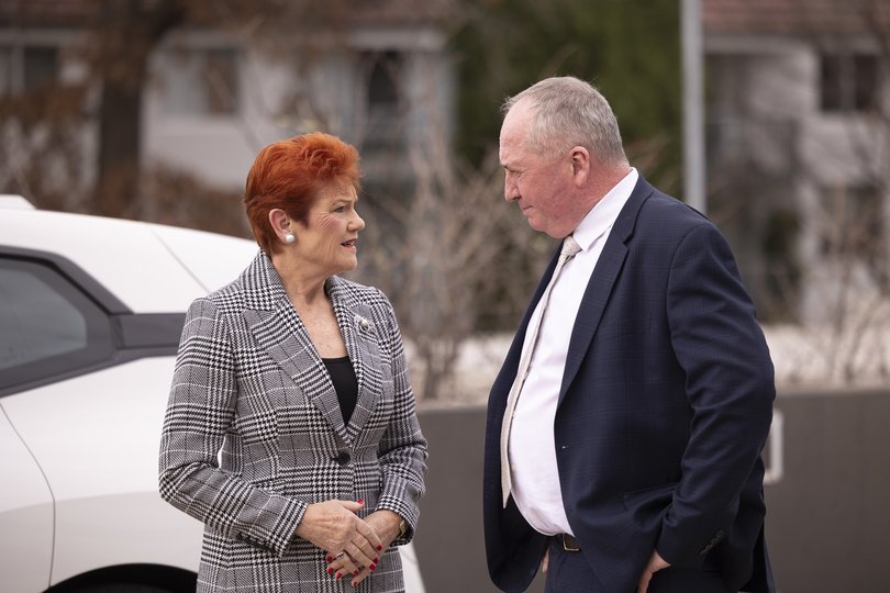 Ms Hanson is greeted by Barnaby Joyce.