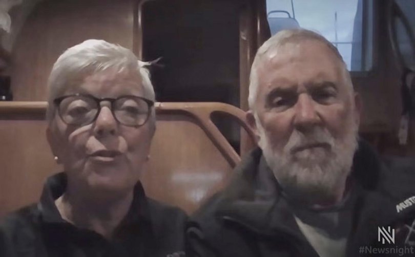 Jane Kelvey, 68, and her husband Alan, 70, who came into close contact with the Russian frigate Admiral Grigorovich while sailing their yacht 23 miles off the coast of the Isle of Wight on Tuesday. Picture: Supplied