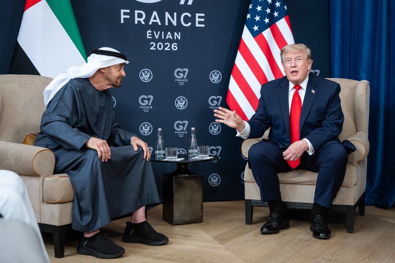 President Donald Trump attends a bilateral meeting with the President of the United Arab Emirates, Mohamed bin Zayed Al Nahyan, during the G7 Summit.