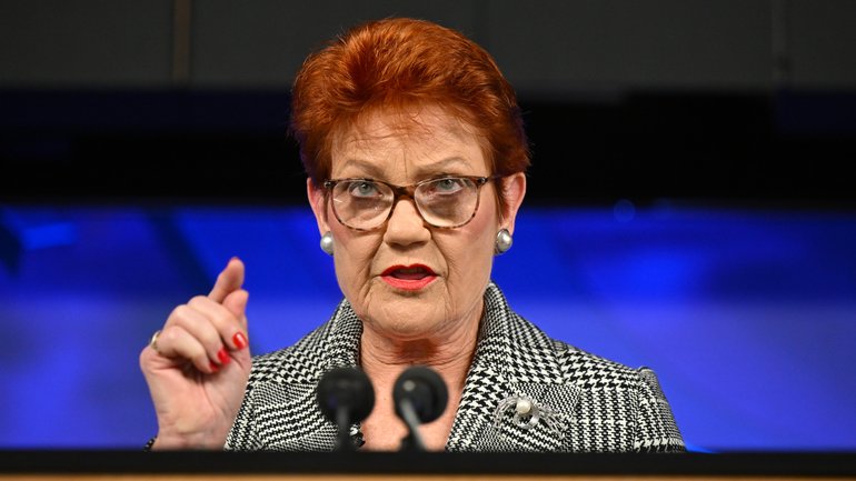 One Nation leader Pauline Hanson addresses the National Press Club in Canberra, Wednesday, June 17, 2026. (AAP Image/Lukas Coch) NO ARCHIVING