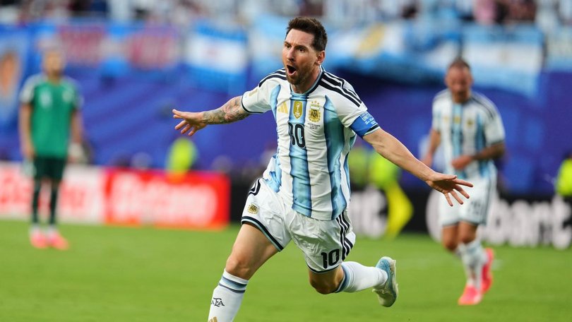 Lionel Messi has netted his first World Cup hat-trick to get Argentina's title defence up and going. (AP PHOTO)