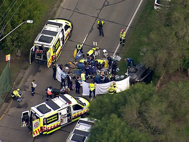 Two children in critical condition after pram hit by car.