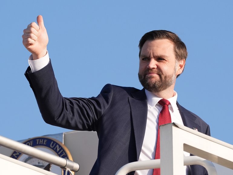 US Vice President JD Vance gestures as he boards Air Force Two following a meeting with representatives from Pakistan and Iran in April.