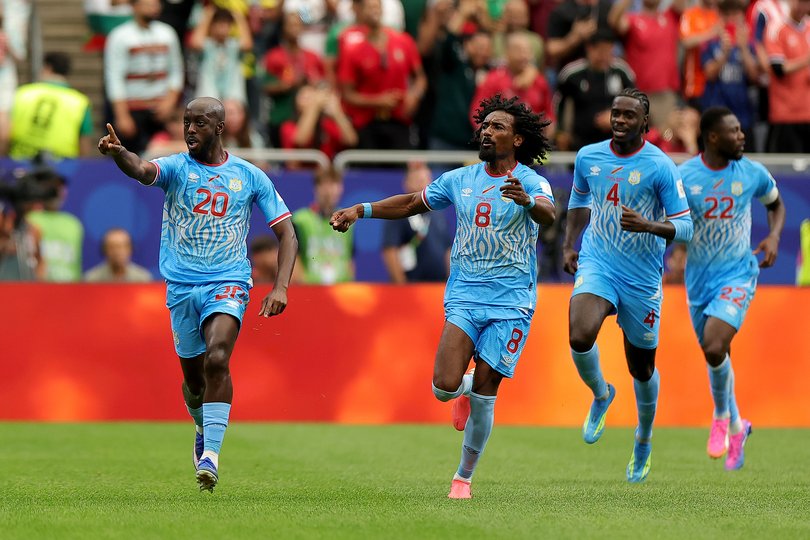 Yoane Wissa of Congo DR celebrates with teammates after scoring the team's first goal