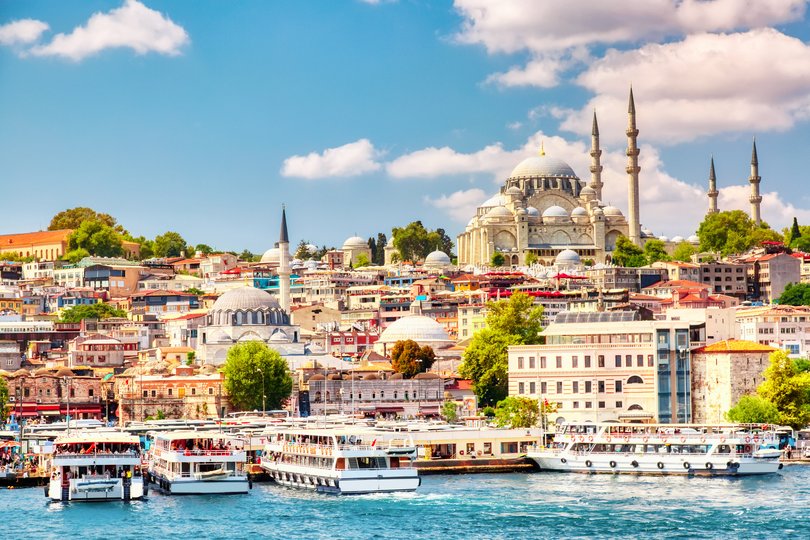 Touristic sightseeing ships in Golden Horn bay of Istanbul.