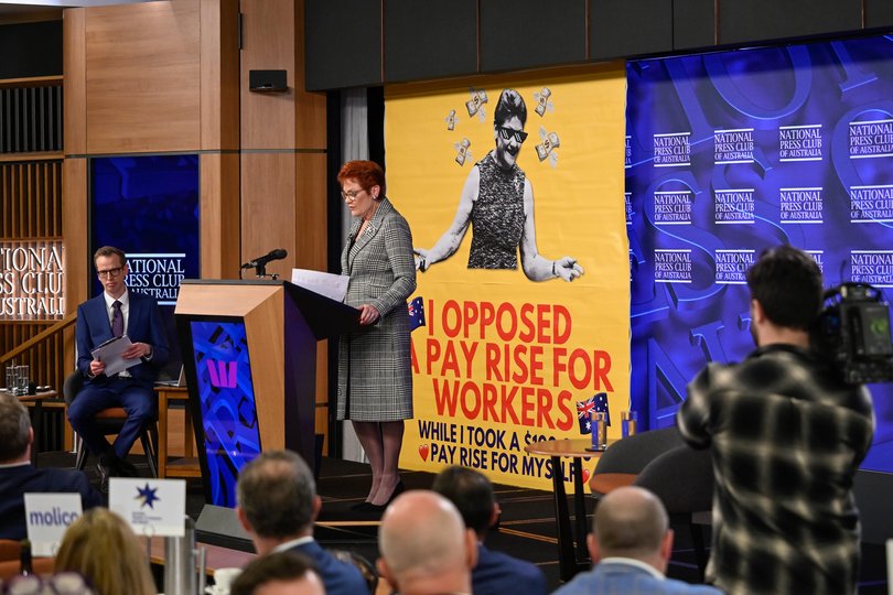 Pauline Hanson at her National Press Club debut on Wednesday as the protest unfolded.