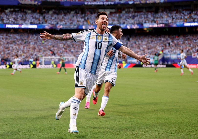 KANSAS CITY, MISSOURI - JUNE 16: Lionel Messi #10 of Argentina celebrates scoring his team's first goal during the FIFA World Cup 2026 Group J match between Argentina and Algeria at Kansas City Stadium on June 16, 2026 in Kansas City, Missouri. (Photo by Charlotte Wilson/Getty Images)