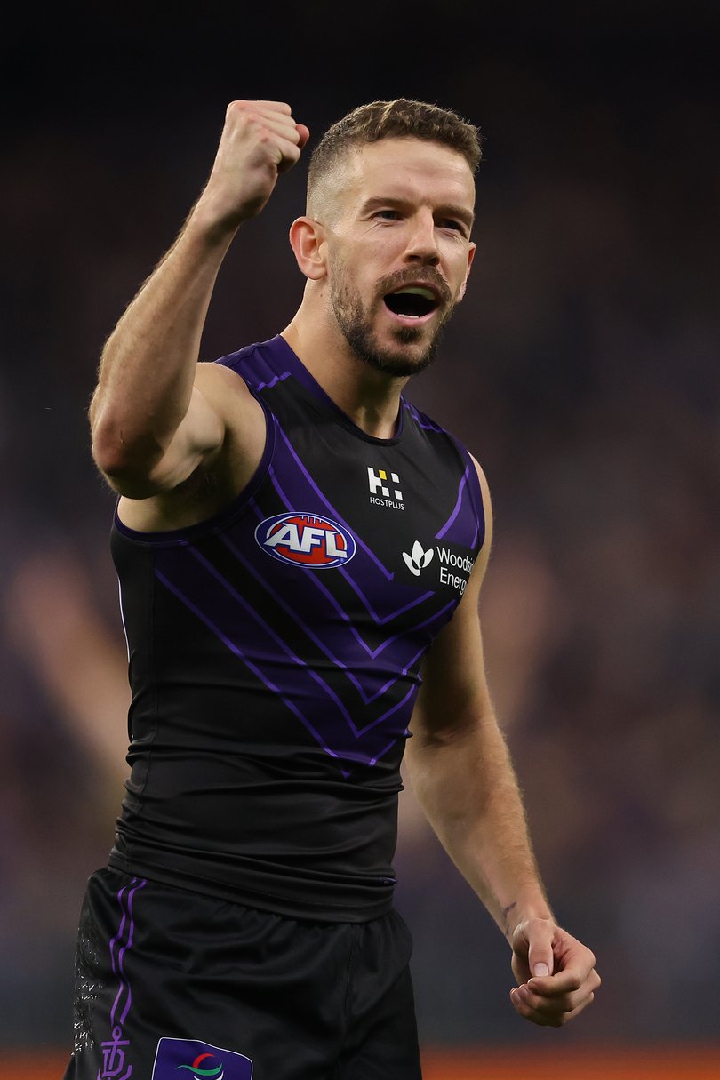 PERTH, AUSTRALIA - JUNE 18: Sam Switkowski of the Dockers celebrates a goal only to be overturned during the round 15 AFL match between Fremantle Dockers and Geelong Cats at Optus Stadium, on June 18, 2026, in Perth, Australia. (Photo by Paul Kane/Getty Images via AFL Photos)