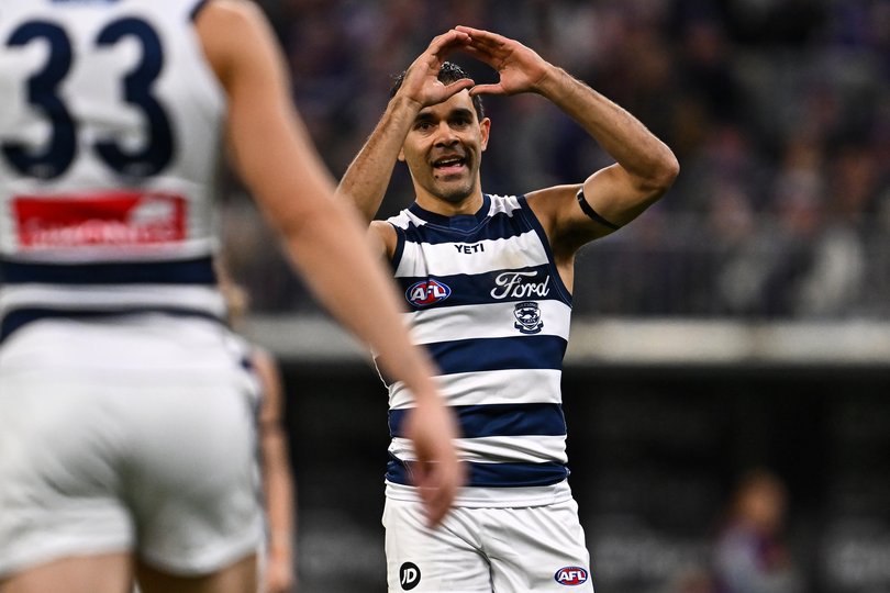 PERTH, AUSTRALIA - JUNE 18: Jack Martin of the Cats celebrates a goal during the 2026 AFL Round 15 match between the Fremantle Dockers and the Geelong Cats at Optus Stadium on June 18, 2026 in Perth, Australia. (Photo by Daniel Carson/AFL Photos)
