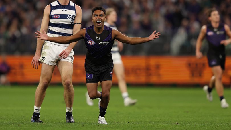 Isaiah Dudley of the Dockers celebrates a goal.
