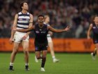 Isaiah Dudley of the Dockers celebrates a goal.