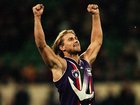 Tony Modra of the Dockers celebrates a goal during the 1999 round 10 AFL match between the Melbourne Demons and the Fremantle Dockers at the Melbourne Cricket Ground.