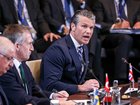 US Secretary of Defence Pete Hegseth, right, addresses the North Atlantic Council meeting of Defence Ministers during the NATO defence ministers' meeting in Brussels, Belgium. 