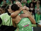 Fever players celebrate Sunday’s win.