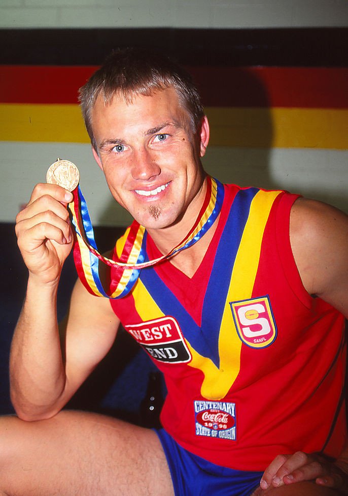 Tony Modra in 1996 with the Fos Williams Medal after South Australia’s State of Origin clash with Western Australia.