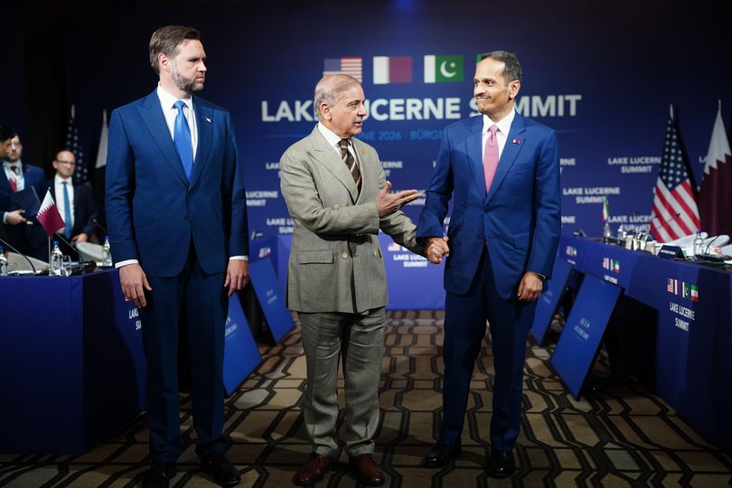 US Vice President JD Vance looks on as Pakistan's Prime Minister Shehbaz Sharif speaks while gesturing towards Qatar's Prime Minister and Minister for Foreign Affairs Sheikh Mohammed bin Abdulrahman bin Jassim Al-Thani.