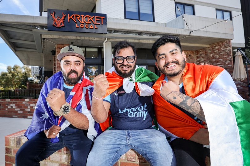 Local chapter of the Bharat Army Kelvin Arora, Pankaj Biwal, and Mandeep Verma pictured at Kricket Local, Fremantle.