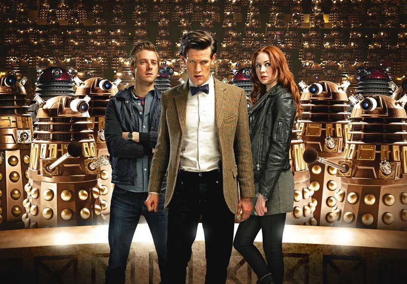 Matt Smith as The Doctor, centre, in the series’ seventh season with Rory (Arthur Darvill) and Amy (Karen Gillan).
