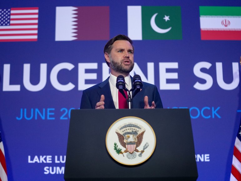 US Vice President JD Vance speaks to members of the media at the Buergenstock Resort Lake Lucerne, after the US and Iran held high-level talks.