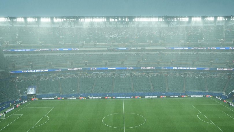 A storm in Philadelphia has forced the match between France and Iraq to be stopped at halftime. (AP PHOTO)