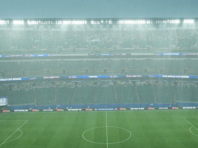 A storm in Philadelphia has forced the match between France and Iraq to be stopped at halftime. (AP PHOTO)