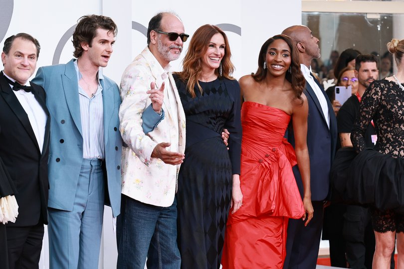 Andrew Garfield with director Luca Guadagnino and his co-stars from After the Hunt including Michael Stuhlbarg, Julia Roberts and Ayo Edebiri at the 82nd Venice International Film Festival.