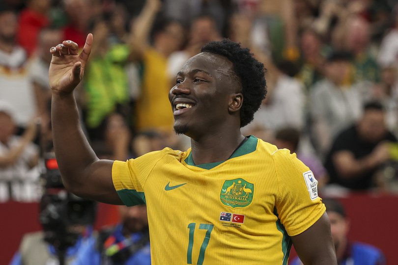 Nestory Irankunda of Australia celebrates scoring his team's first goal during the FIFA World Cup 2026 Group D match between Australia and Türkiye.
