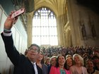 The favourite to replace Keir Starmer, Labour MP Andy Burnham, takes a selfie with the Parliamentary Labour Party after his swearing-in on June 22.
