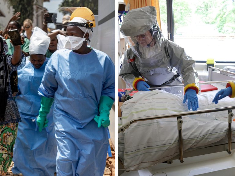 Villagers celebrate an Ebola survivor's recovery in the Congo, left, as nurses dress in PPE in Berlin's Department of Infectious Diseases and Critical Care Medicine.