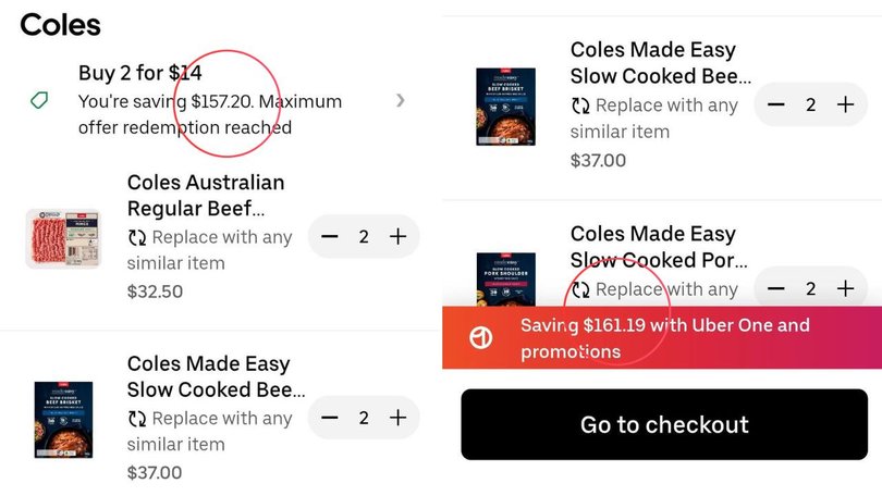 One shopper’s cart showed more than $157 in savings after the ‘Buy 2 for $14’ promotion was applied across eligible products.