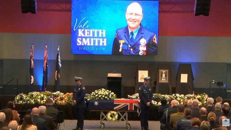 Tasmanian Police Constable Keith Smith was farewelled at after he was shot on duty. 