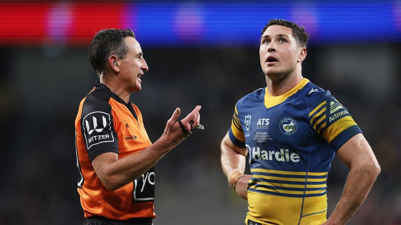 Referee Gerard Sutton speaks to Mitchell Moses during the Eels’ loss to the Rabbitohs.