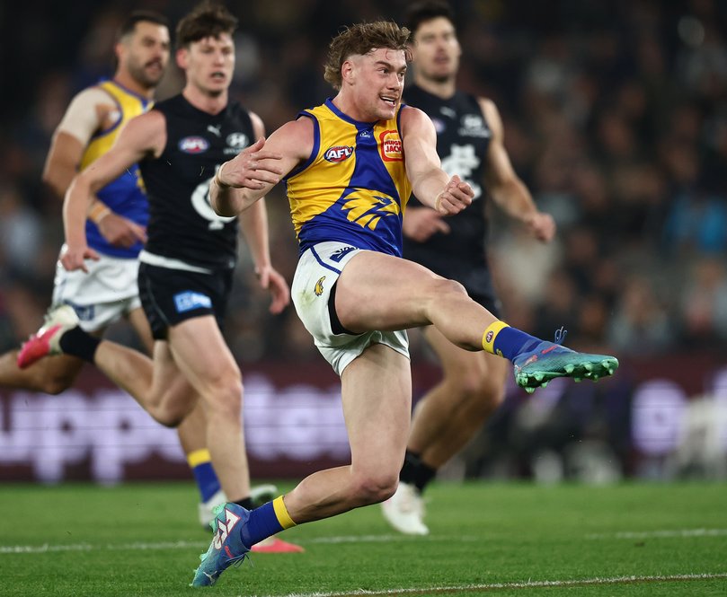 MELBOURNE, AUSTRALIA - JUNE 27: Harley Reid of the Eagles kicks a goal during the 2026 AFL Round 16 match between the Carlton Blues and the West Coast Eagles at Marvel Stadium on June 27, 2026 in Melbourne, Australia. (Photo by James Wiltshire/AFL Photos via Getty Images)