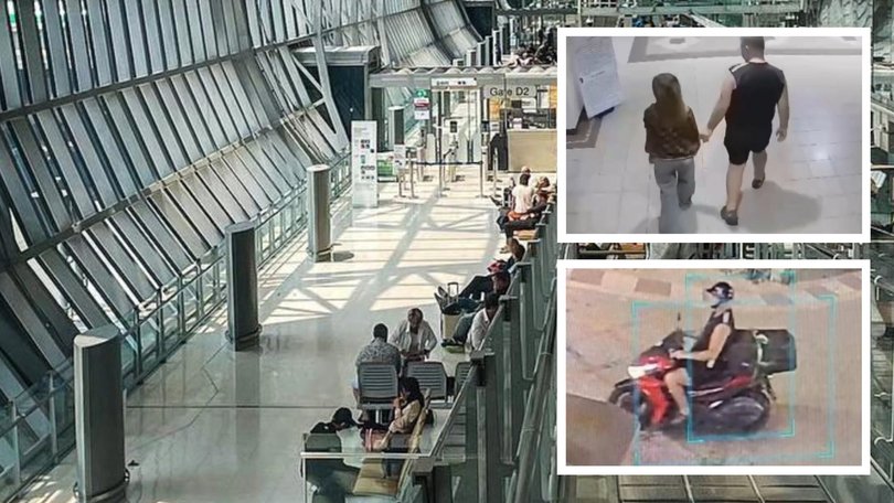 CCTV released by Thai authorities shows the 45-year-old Australian entering a hotel room with Ms Donhomla, before emerging hours later with a black suitcase.