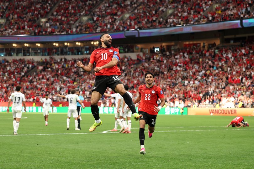 Mohamed Salah #10 of Egypt celebrates scoring his team's second goal against New Zealand.
