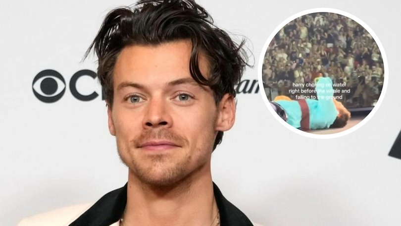 Harry Styles has sparked concerns among fans after he appeared to choke on water before collapsing to the floor of a stage during a performance in London on Friday night.