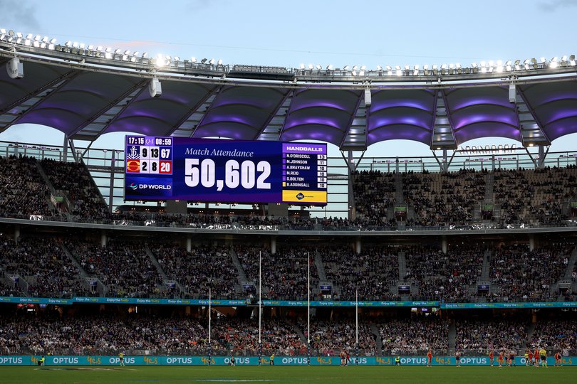 PERTH, AUSTRALIA - JUNE 28: The attendance during the round 16 AFL match between Fremantle Dockers and Gold Coast Suns at Optus Stadium, on June 28, 2026, in Perth, Australia. (Photo by Janelle St Pierre/AFL Photos)