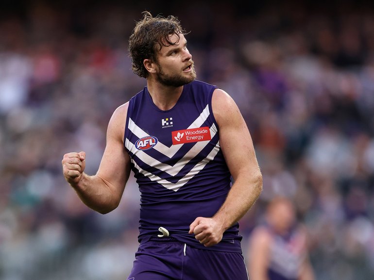 Sean Darcy of the Dockers celebrates a goal.
