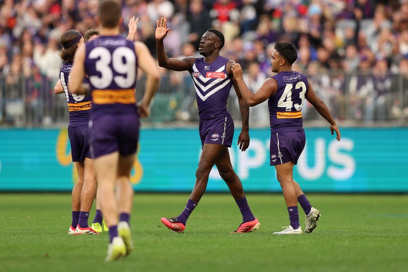 PERTH, AUSTRALIA - JUNE 28: Michael Frederick of the Dockers celebrates a goal during the round 16 AFL match between Fremantle Dockers and Gold Coast Suns at Optus Stadium, on June 28, 2026, in Perth, Australia. (Photo by Janelle St Pierre/AFL Photos)