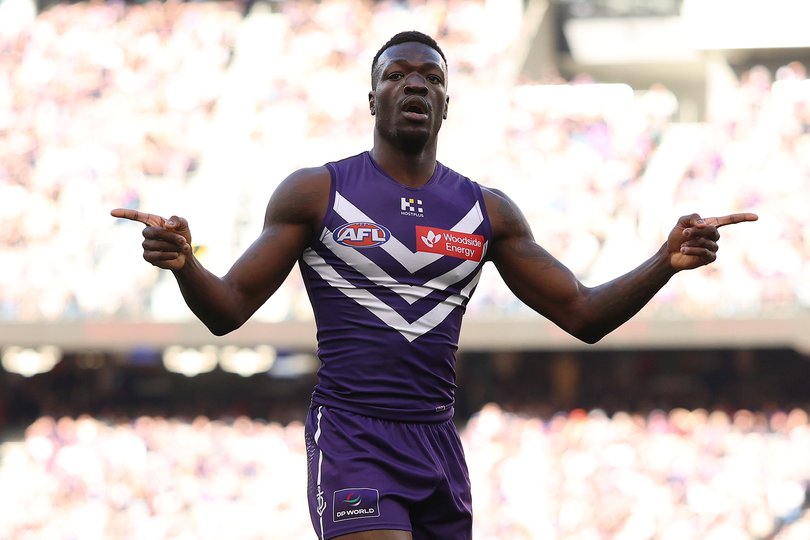 PERTH, AUSTRALIA - JUNE 28: Michael Frederick of the Dockers celebrates a goal during the round 16 AFL match between Fremantle Dockers and Gold Coast Suns at Optus Stadium, on June 28, 2026, in Perth, Australia. (Photo by Janelle St Pierre/AFL Photos)