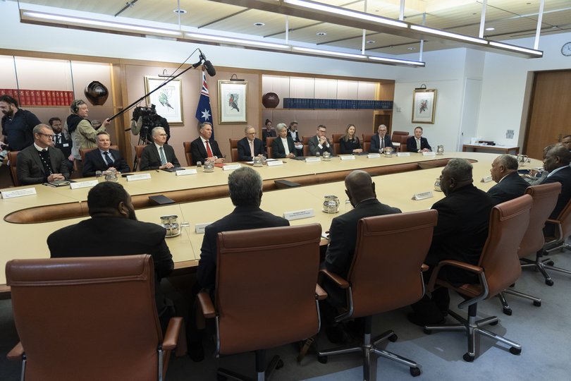 Prime Minister Anthony Albanese (centre rear) and his cabinet meet with the Prime Minister of Vanuatu Jotham Napat and his ministers.