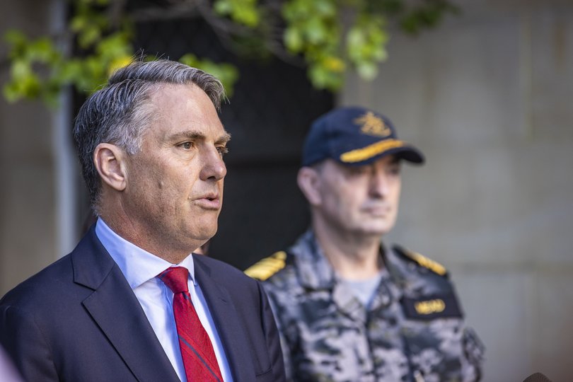 Deputy Prime Minister Richard Marles and Chief of the Nuclear Powered Submarine Task Force Vice Admiral Jonathan Mead outside WA Parliament.
