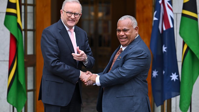 Prime Minister Anthony Albanese witn Prime Minister of Vanuatu Jotham Napat at Parliament House. 