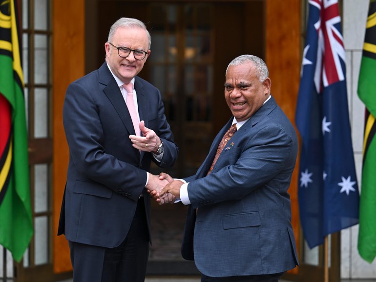 Prime Minister Anthony Albanese witn Prime Minister of Vanuatu Jotham Napat at Parliament House. 